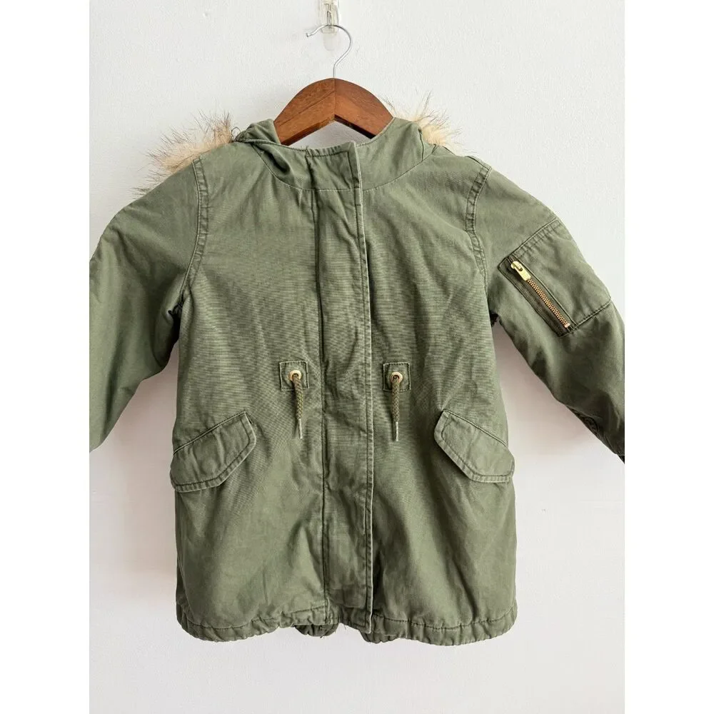 Baby Gap Toddler 3 Years Olive Green Faux Fur Hood Utility Parka Jacket